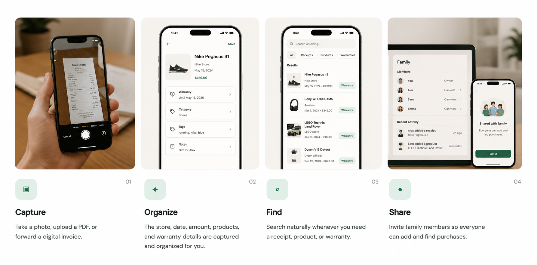 Four steps: capture a receipt, organize its purchase details, find purchases through search, and share the archive with family.